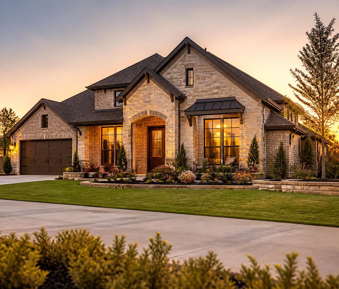Two-story stone-and-brick suburban home in Frisco, Texas at golden hour, with a manicured lawn and warm light in the windows