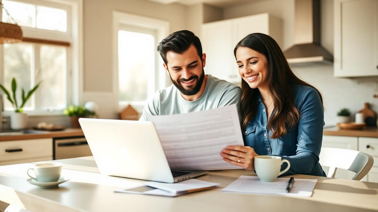 A couple reviewing home affordability figures on a laptop and printed loan estimate at their kitchen table