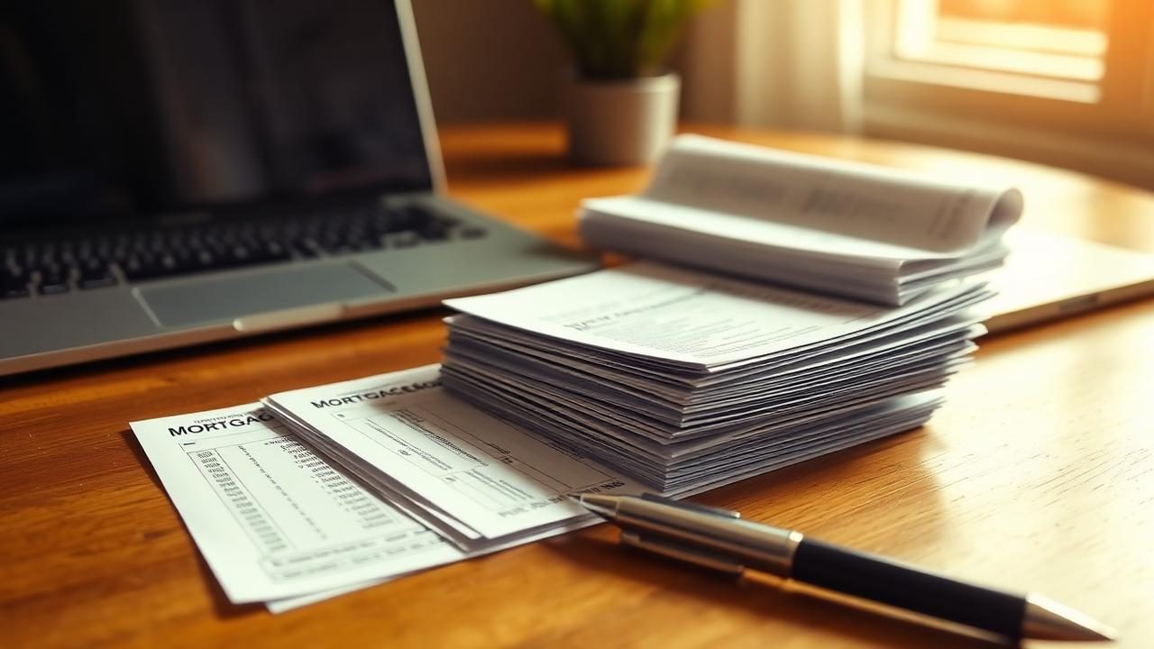 A stack of mortgage pre-qualification documents, pay stubs and tax forms beside a laptop on a wooden desk