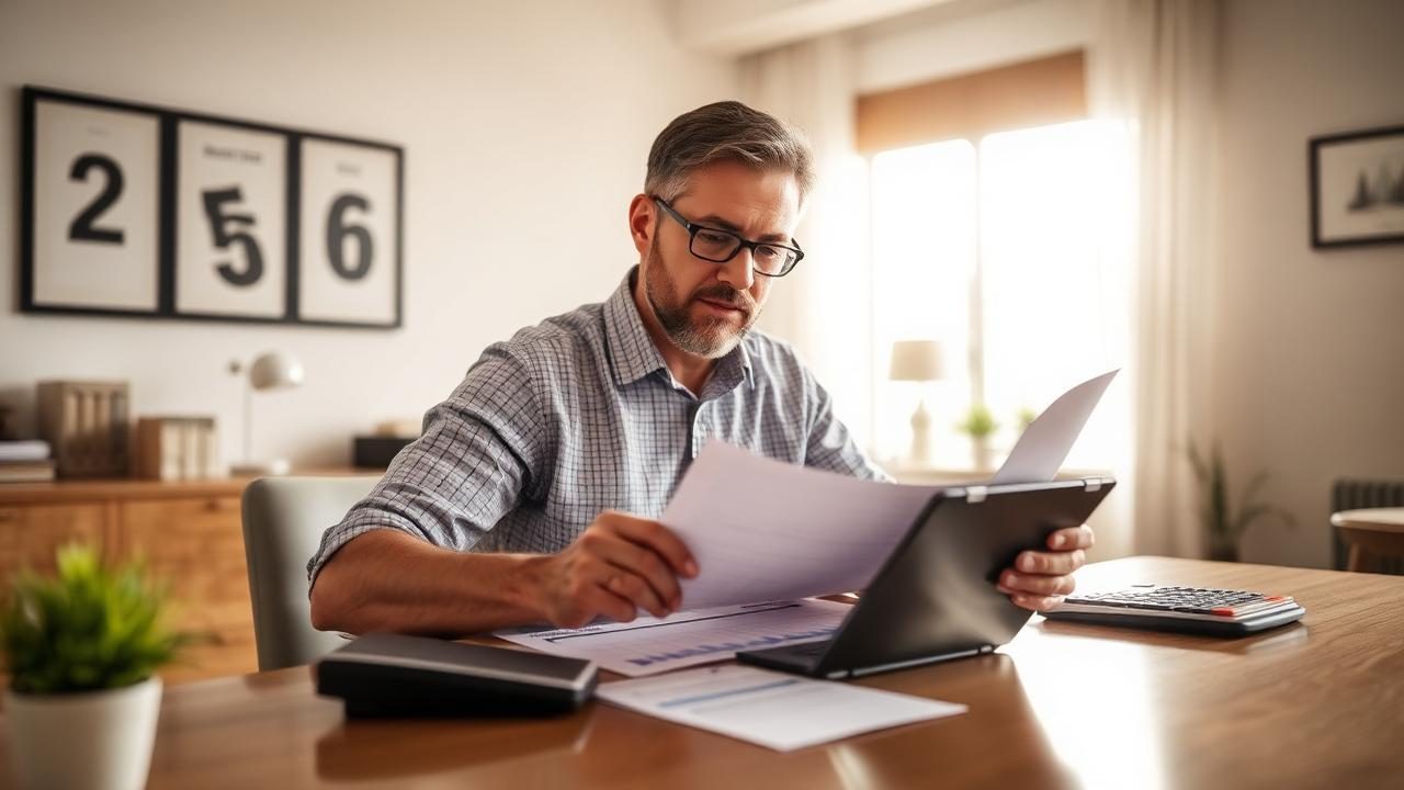 A homeowner comparing mortgage refinance rate charts with a calculator at a sunlit home office desk